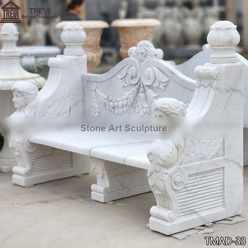 White Garden Bench with Hand Carved Caryatids detail image