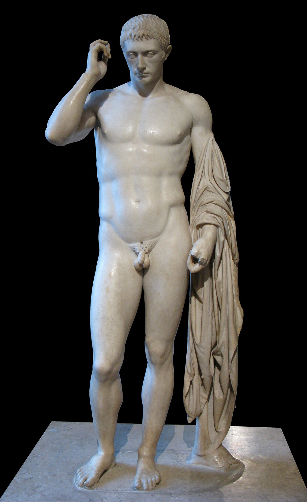 a sculpture of Marcellus the Younger as Hermes Logios, the god of eloquence, in Louvre (inv. 1207)