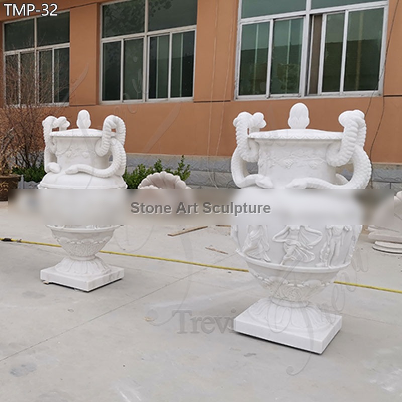 Large White Marble Planter with Snake Relief for Sale
