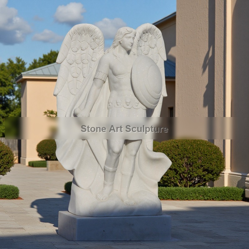 White Marble St Michael the Archangel Garden Statue detail image