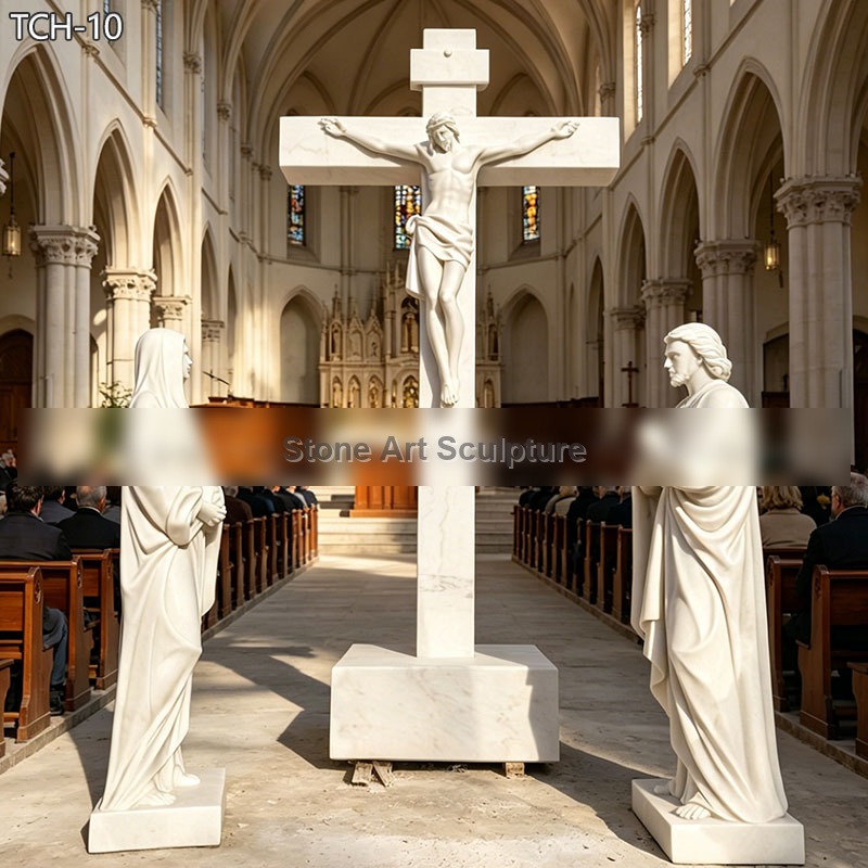 Marble Crucifixion Scene with Virgin Mary and Saint John