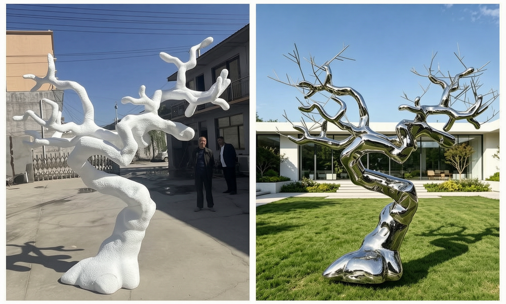 3D model Vs finished tree sculpture