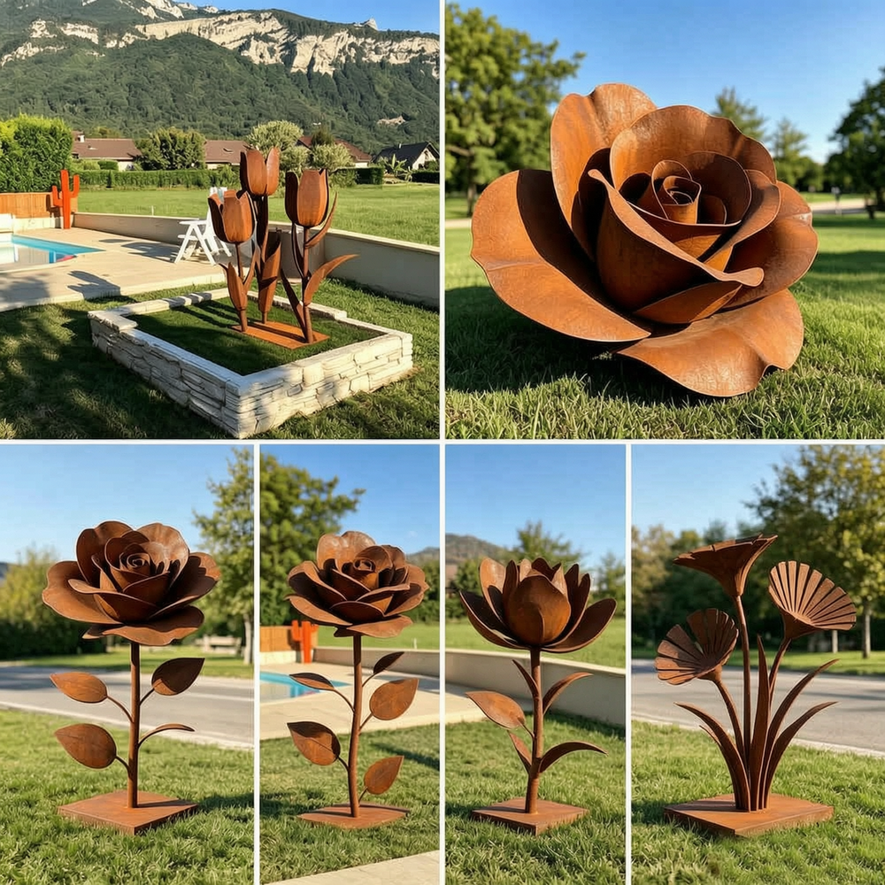 more corten steel flower sculpture