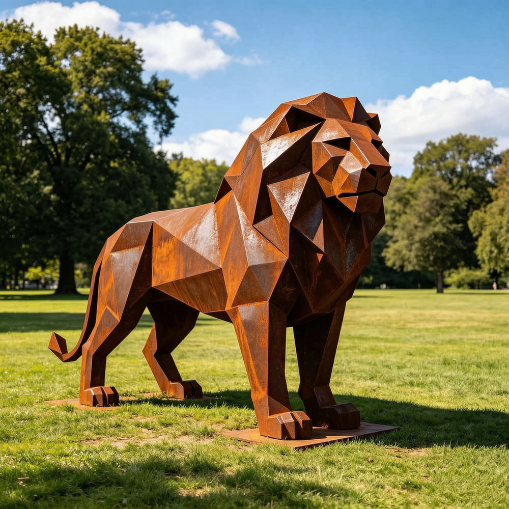 life size corten steel lion