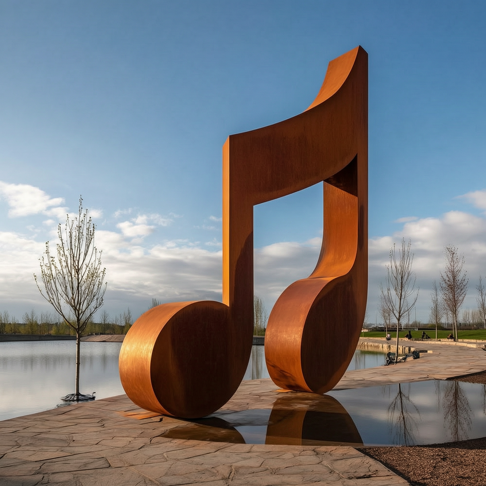 large outdoor corten steel music note sculpture