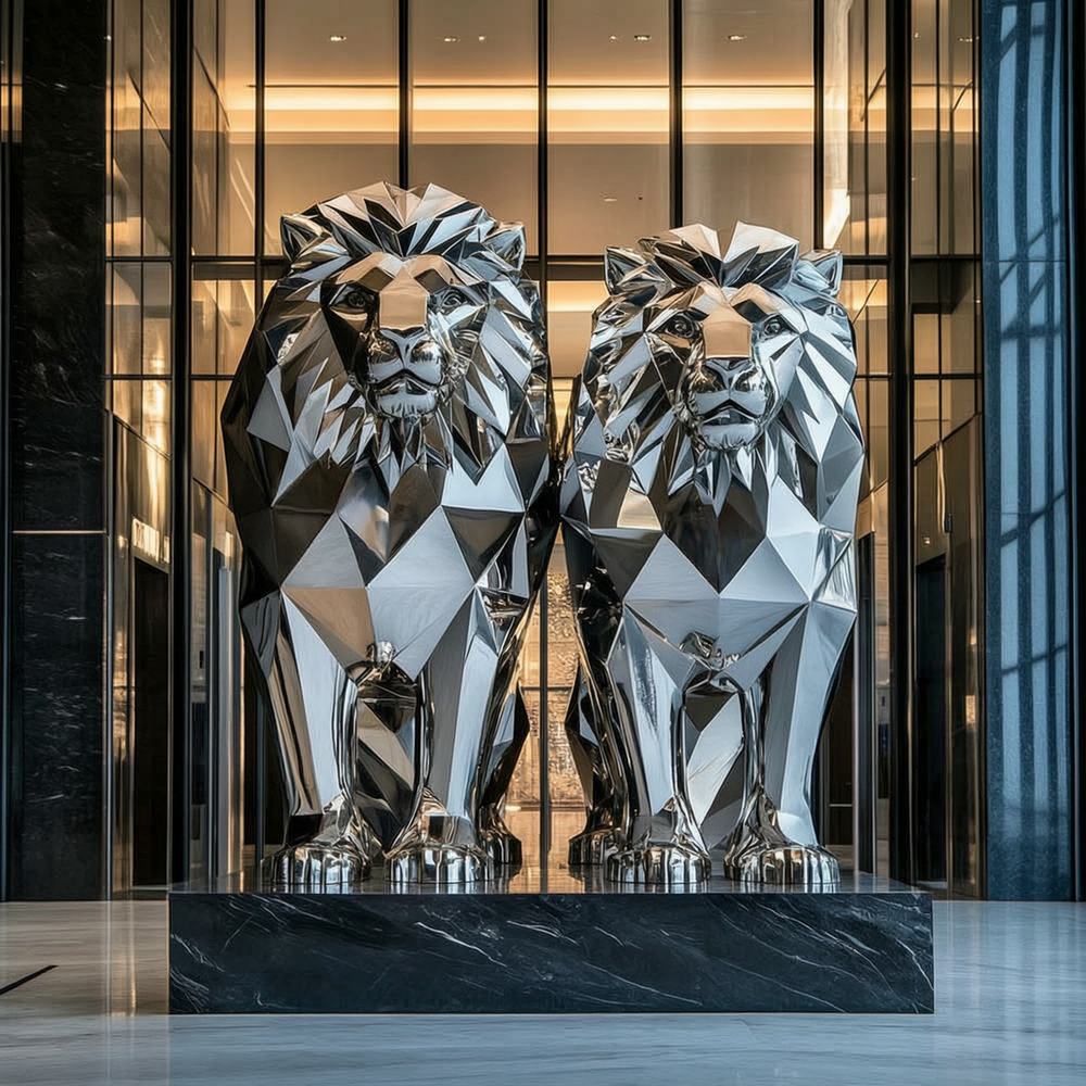 stainless steel geometric lion sculpture
