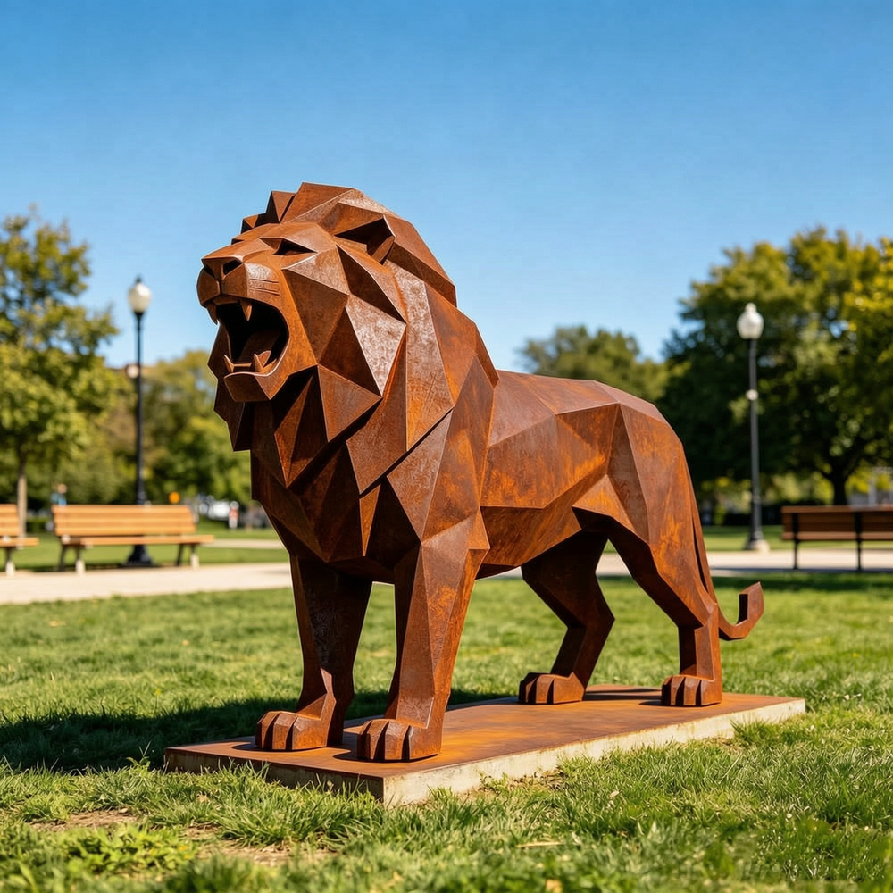Corten Steel Geometric Art Lion Sculpture SCW-039