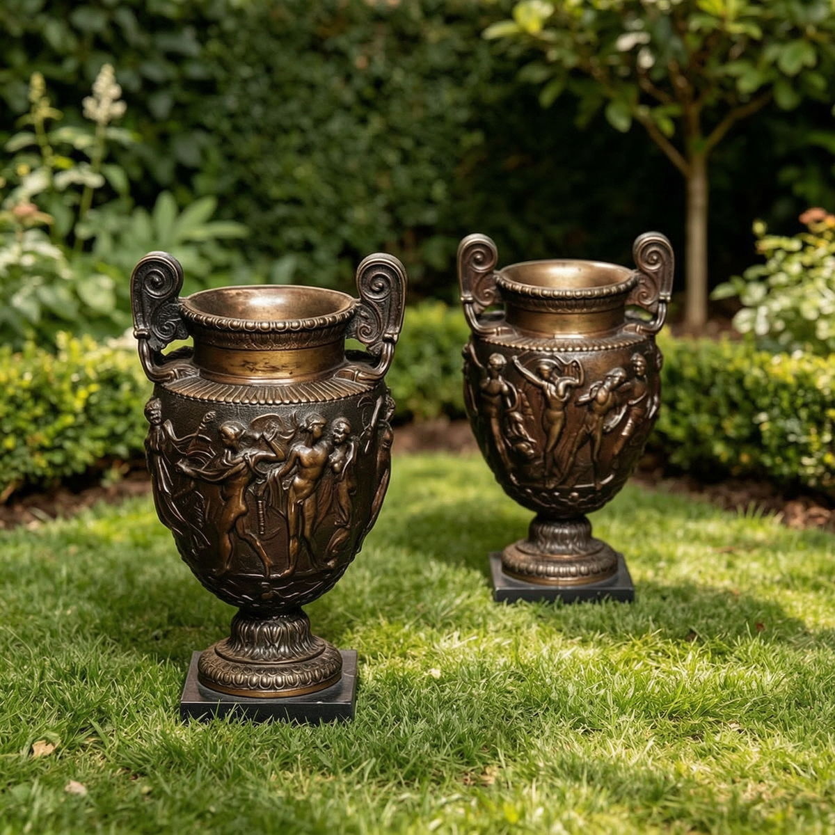 Pair of Factory-Cast Bronze Urns with Classical Relief
