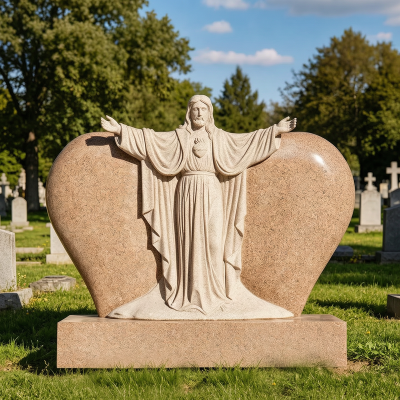 Red Granite Jesus Statue Memorial for Cemetery MHE-016