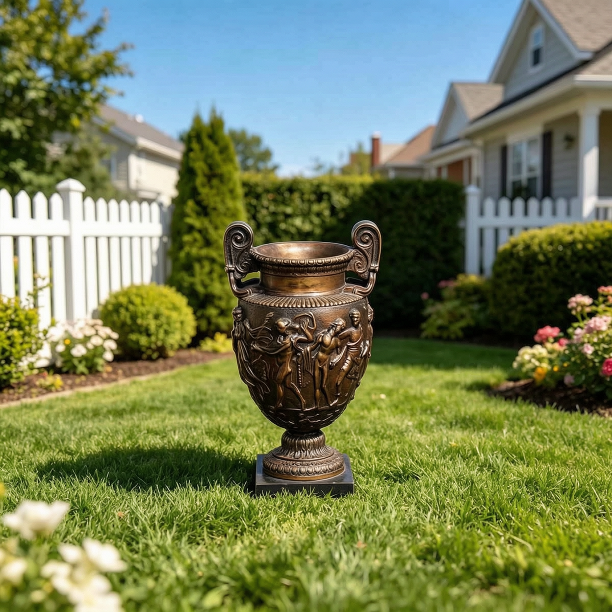 garden Pair of Factory-Cast Bronze Urns with Classical Relief