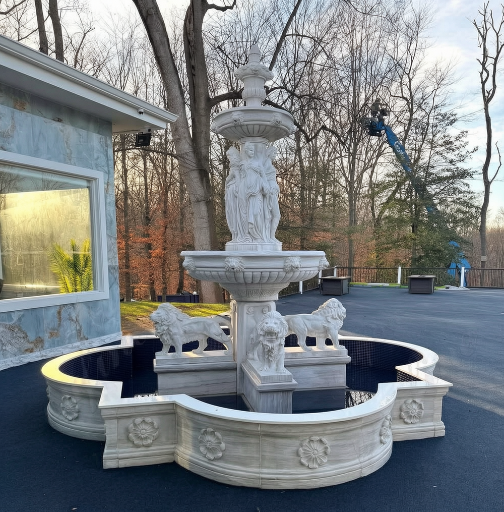 marble American walking lion sculpture and standing female sculpture tiered fountains feedback