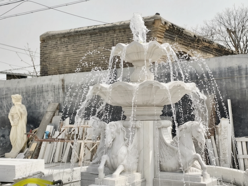 White Marble Horse water Fountain with Lights