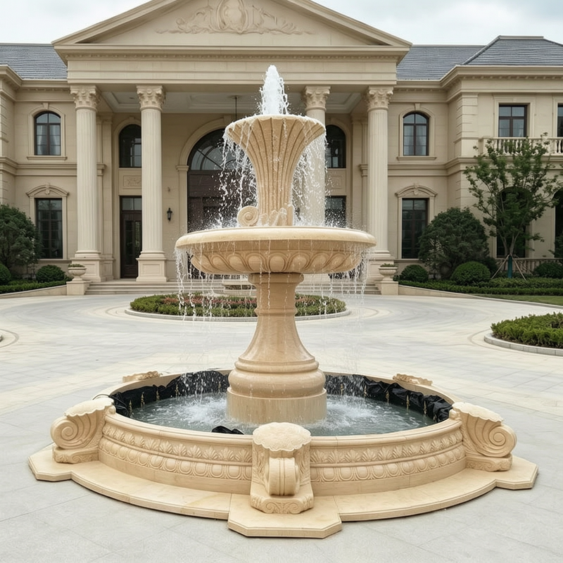 Large Outdoor Tiered Fountain In Classic Beige Marble