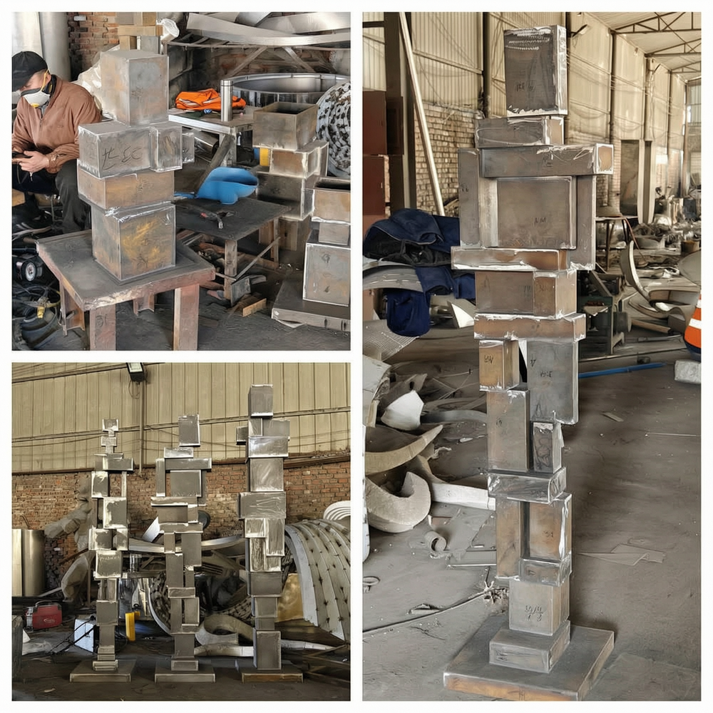 large corten steel cube scultpure in production