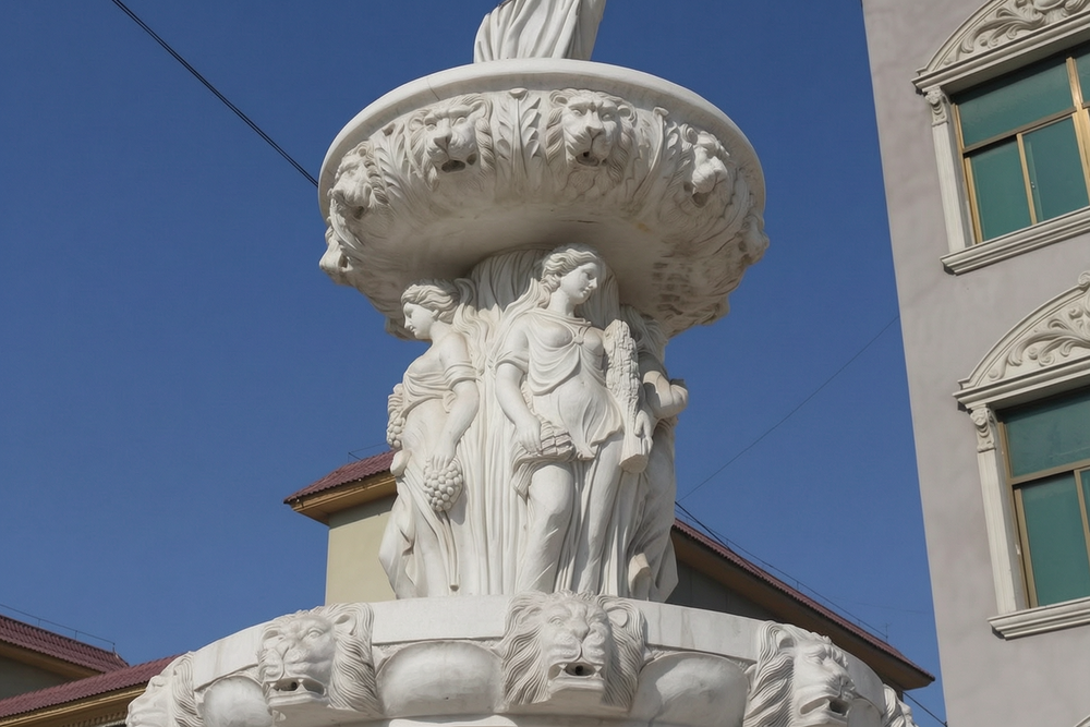 White Marble Tiered Statuary Fountain