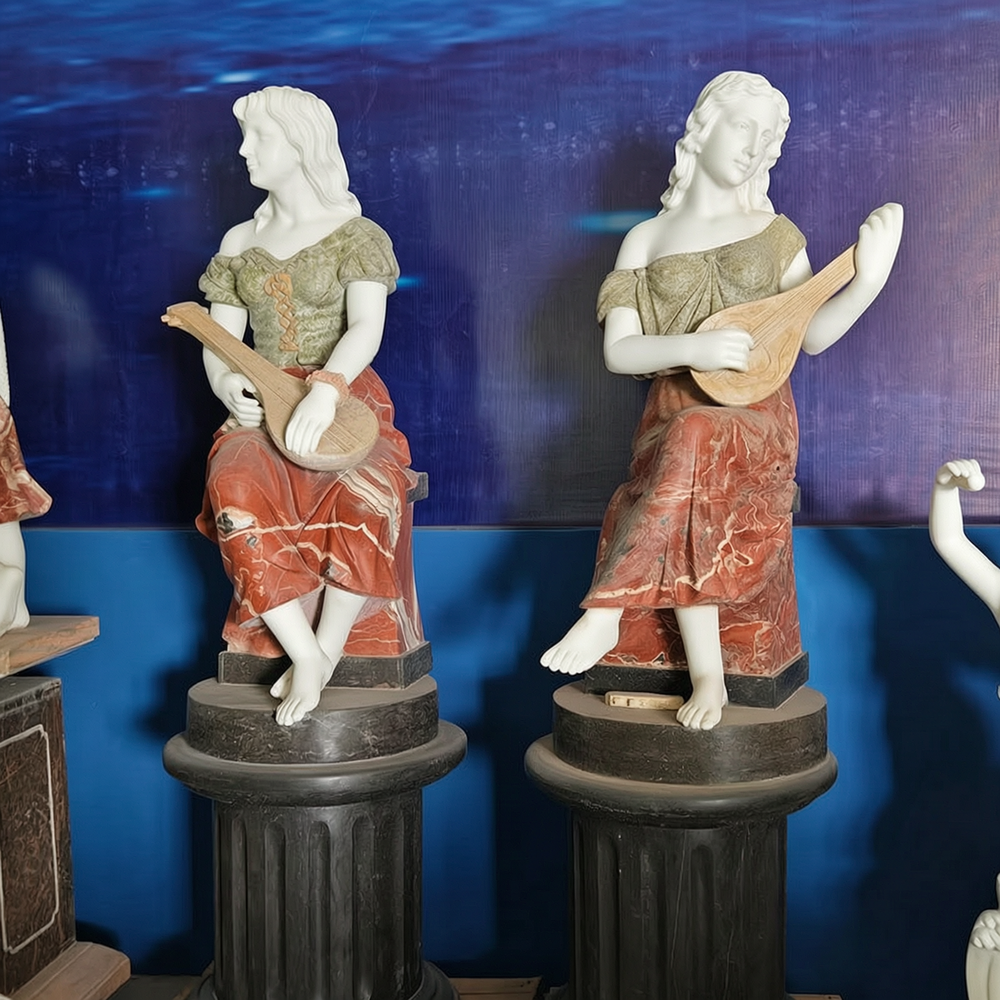 Lady Lute Player marble Statues with Black Pedestals
