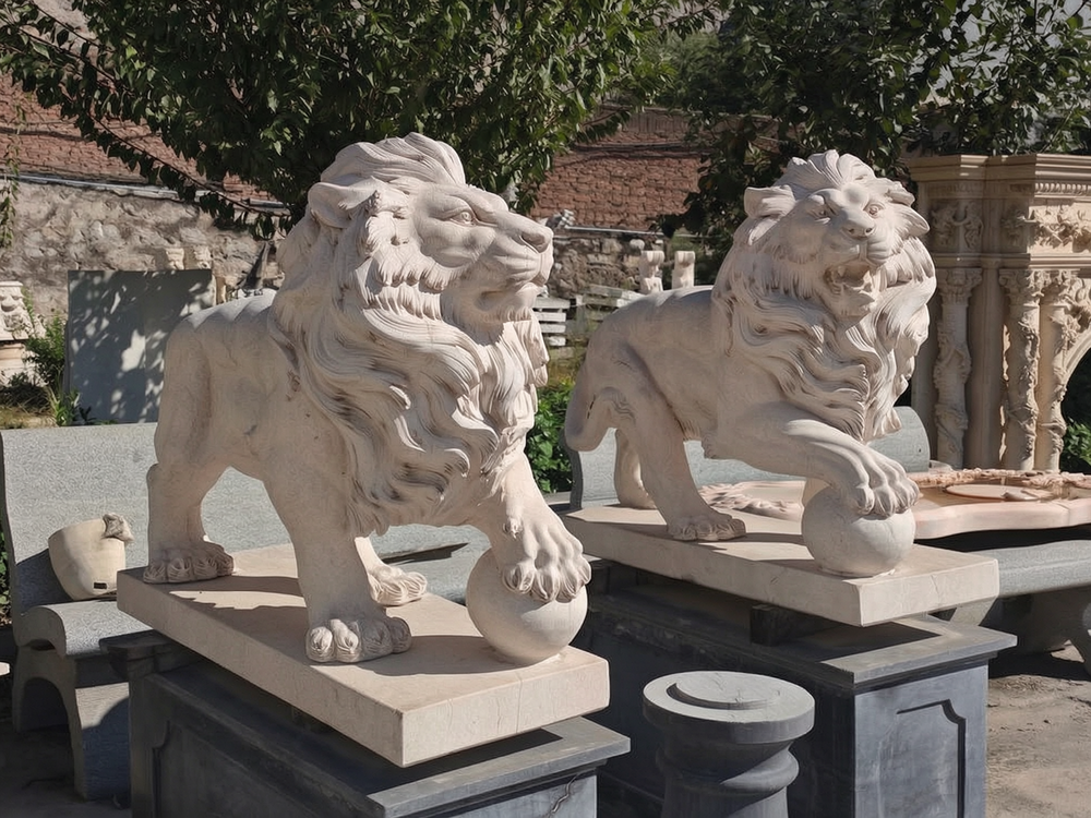 Marble Lion Playing Ball Sculpture