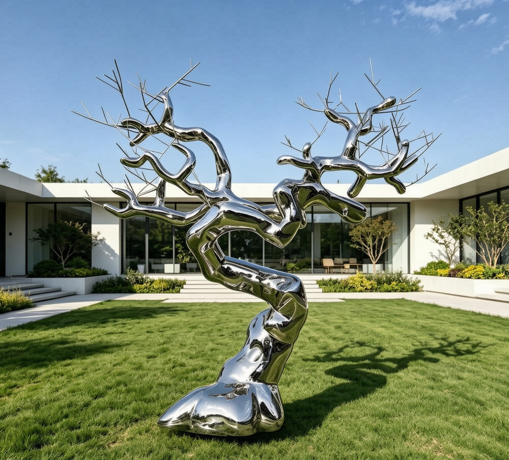 Stainless steel tree sculpture in a private garden
