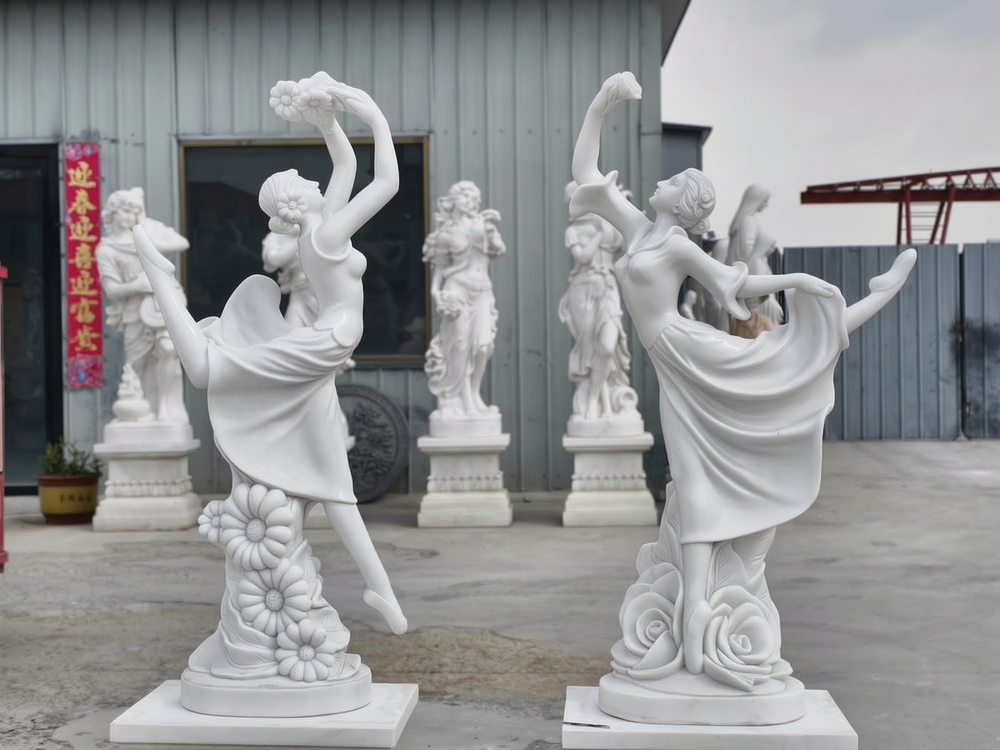 life size Two Dancing Maidens with Flowers Marble Sculpture Set