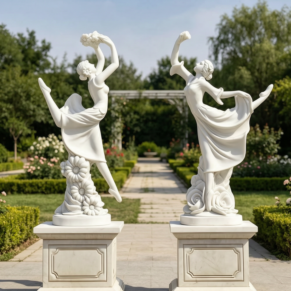 Two Dancing Maidens with Flowers Marble Sculpture Set