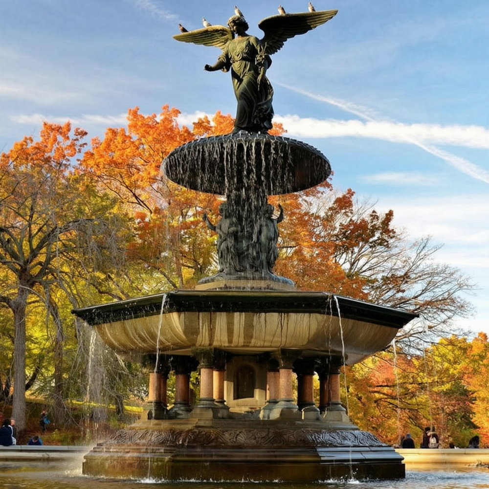 bronze tiered fountain in garden