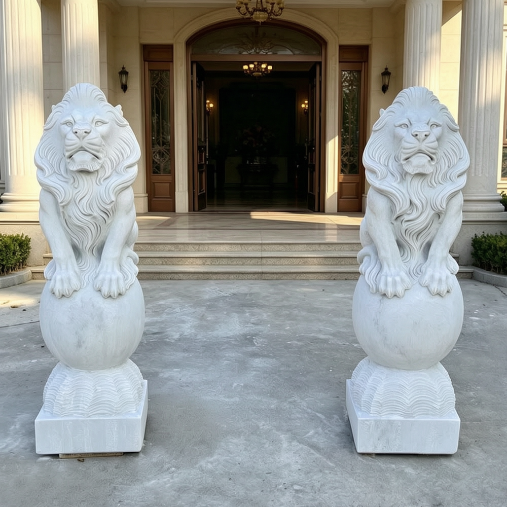 Pair of Sitting Lion Statues on Ball