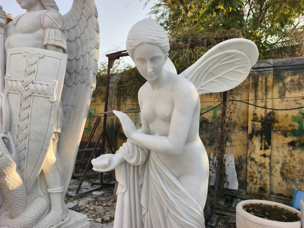 Winged Flower Fairy marble statue details