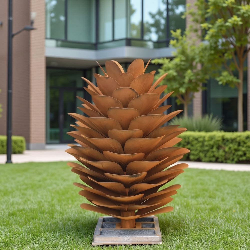 corten steel art pine cone sculpture