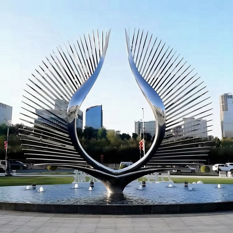outdoor polished stainless steel wings sculpture