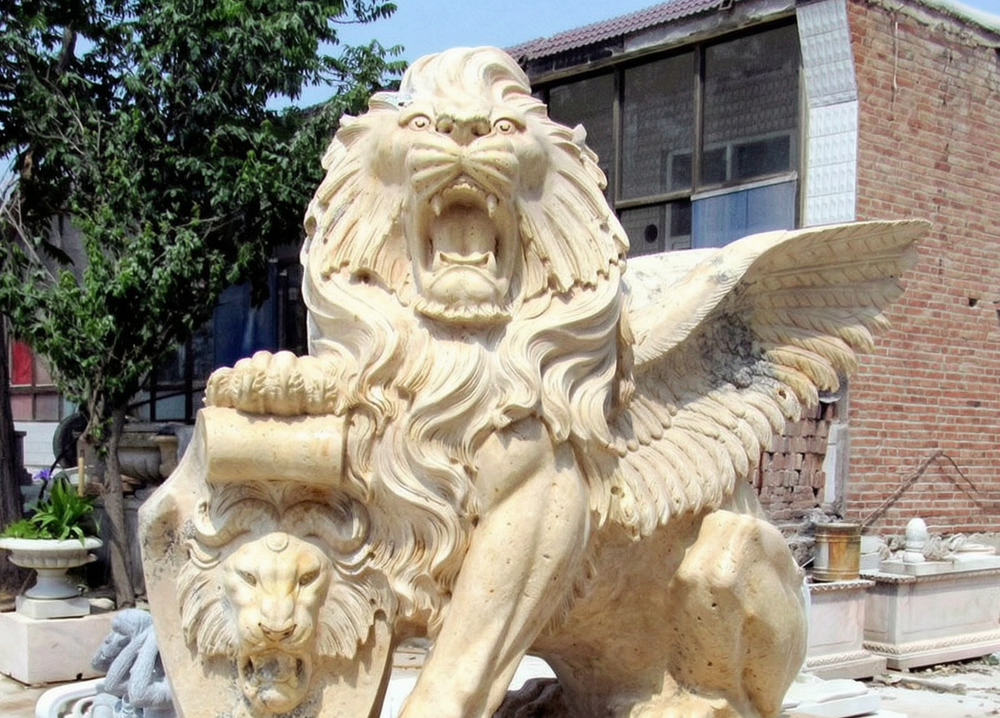 Luxury Travertine Winged Lion Statue with Shield details