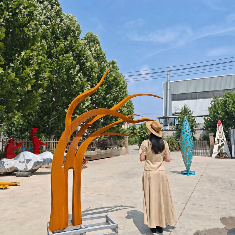 modern abstract corten steel art tree