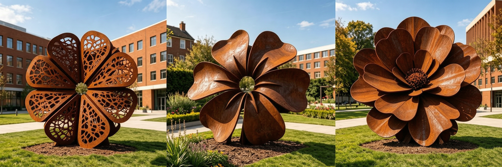 large weathering steel flower sculptures