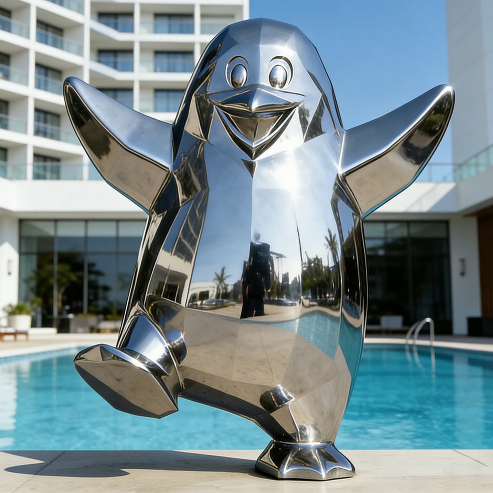 penguin metal sculpture for pool decor