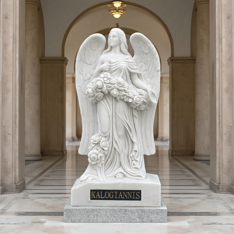 Ethereal Luxurious Hand-Carved Marble Angel Sculpture