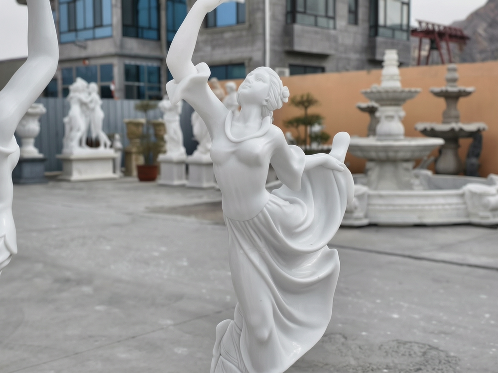 Two Dancing Maidens with Flowers Marble Sculpture details