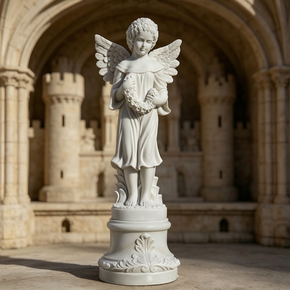 Cherub Angel Statue Holding Garland with Pedestal