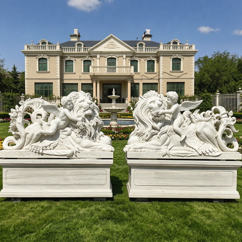Pair of Lion Statues with Cherubs European Style MOKK-891
