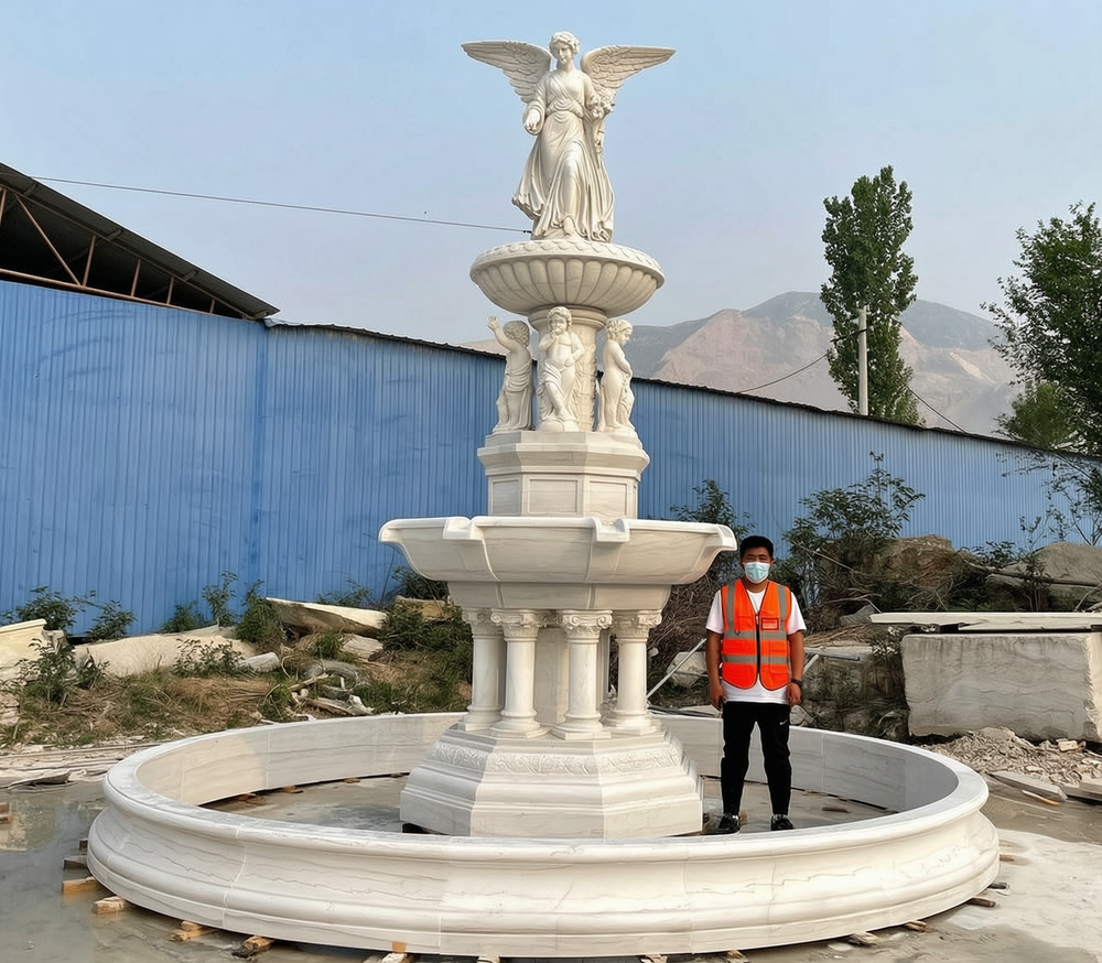 Standing Angel Sculpture Fountain with our QC Inspectors