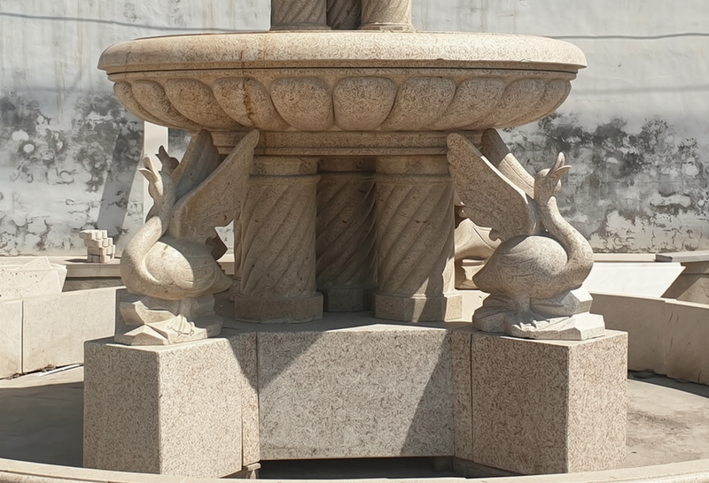 Outdoor Beige Marble Fountains with Swan Statues details