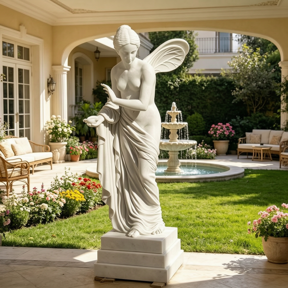 Marble Sculpture of a Winged Flower Fairy Holding Bowl MOKK-320