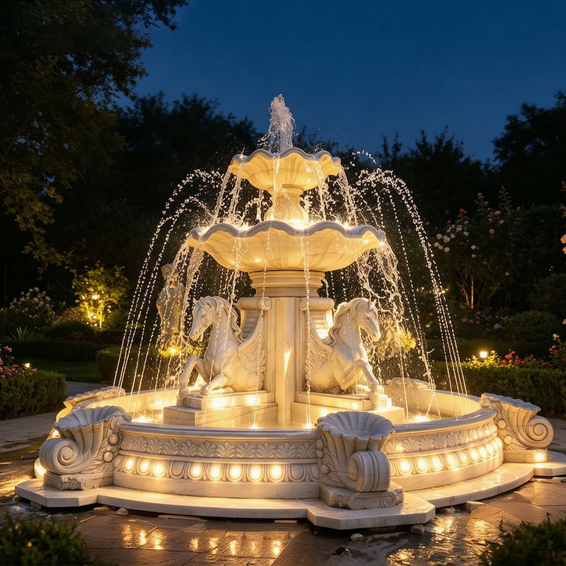 Marble Outdoor Horse Water Fountain with Lights MOKK-734