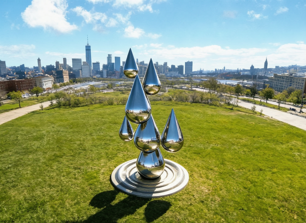 large stainless steel drop sculpture