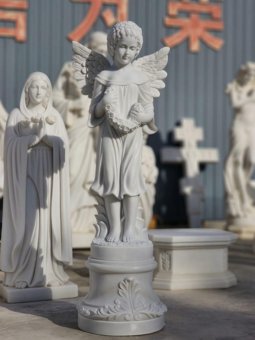 marble Cherub Angel Statue Holding Garland