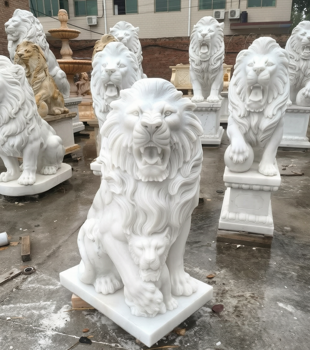 marble lion and cub statue