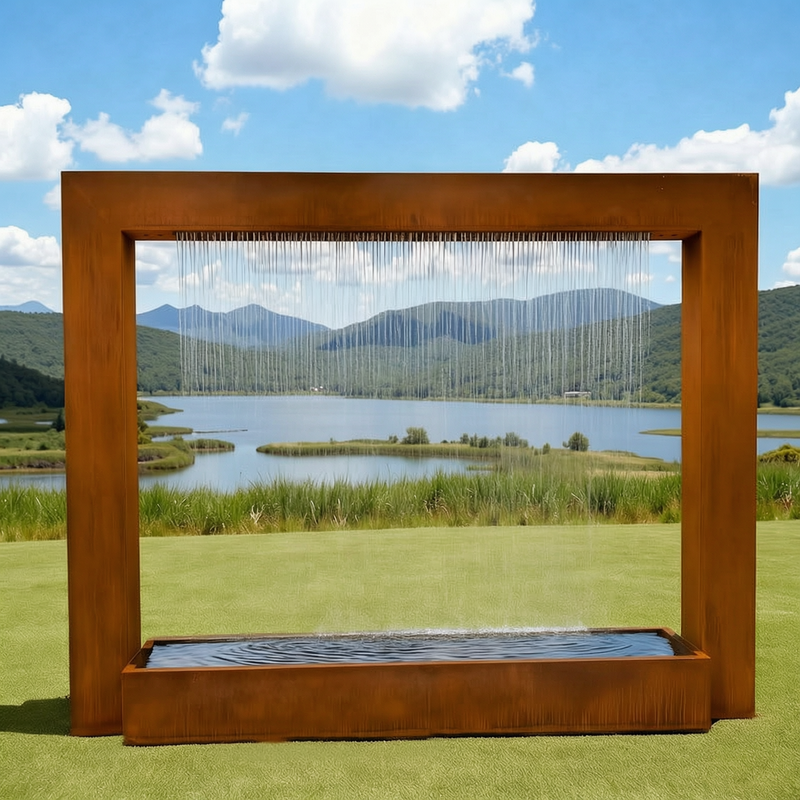 Corten steel water feature in garden