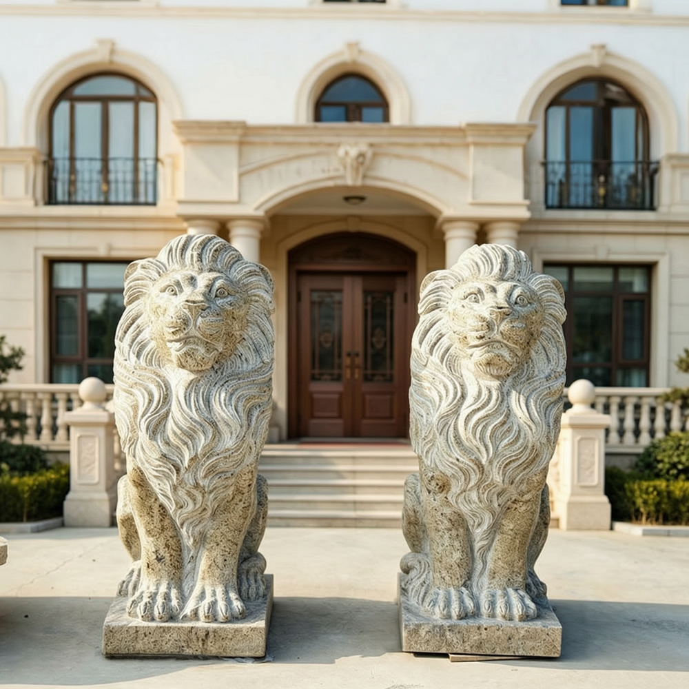 Pair of Ancient Lion Sculptures for Front Porch MOKK-709