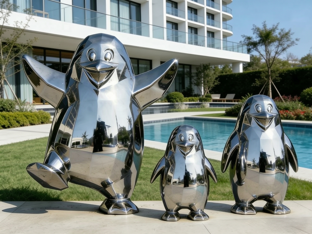 stainless steel penguin sculptures
