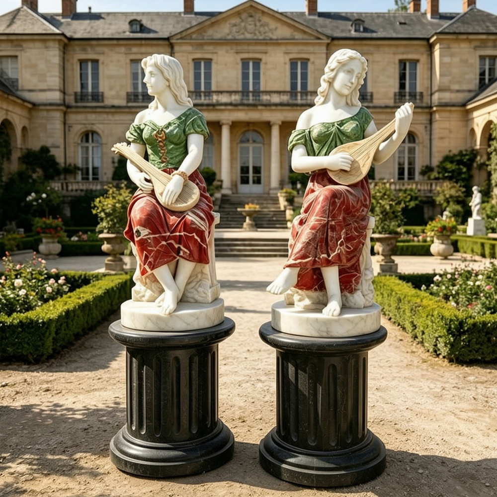 Lady Lute Player Statues with Black Pedestals