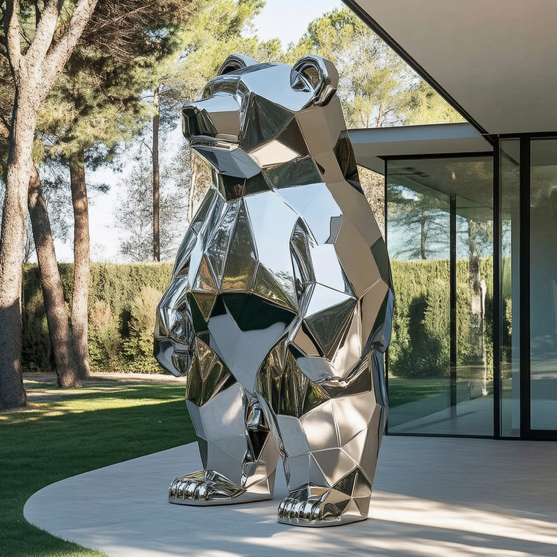 mirror polished metal bear sculpture for yard decor