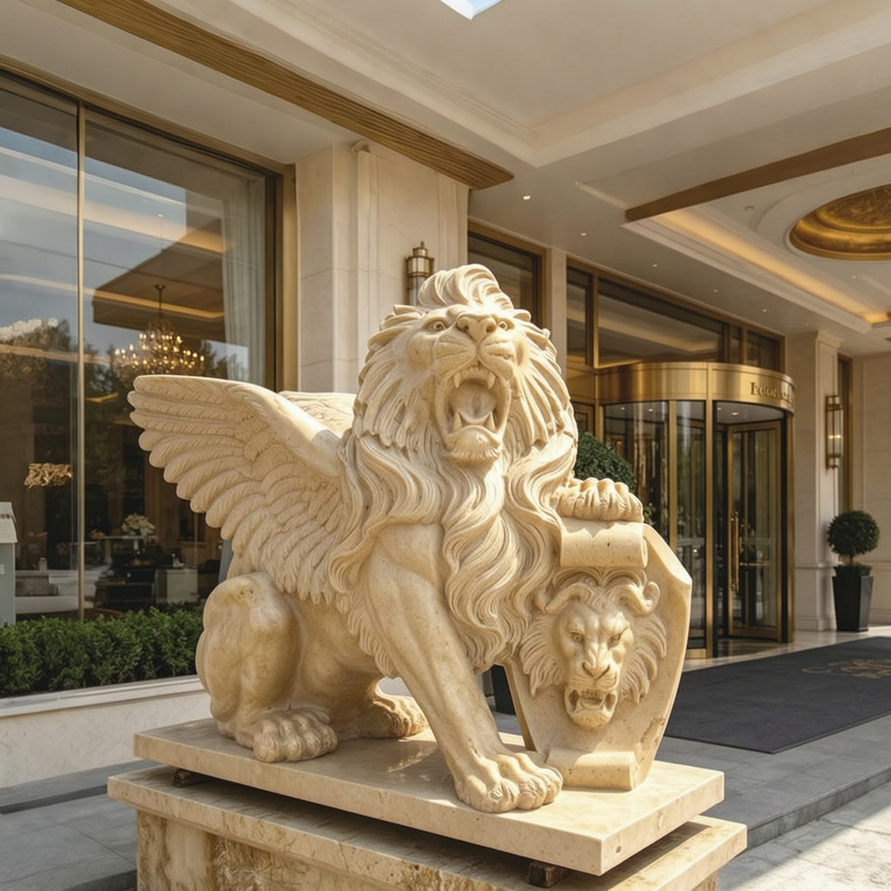 Luxury Travertine Winged Lion Statue with Shield